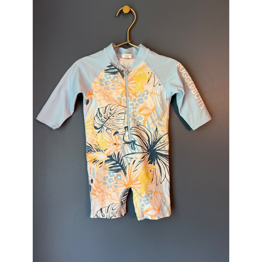 RuggedButts Boys Tropical Flamingo One Piece Rash Guard Swimsuit Blue 6-12M